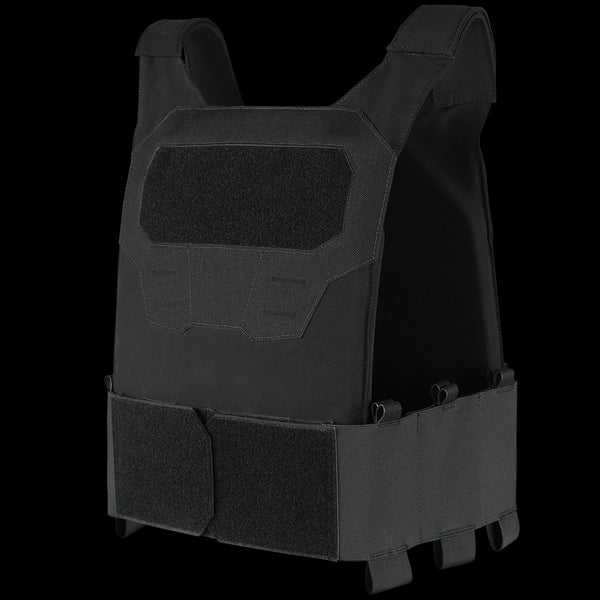 The Condor Specter Plate Carrier is a black tactical vest with adjustable straps and Velcro panels on the front and waist, designed for military or law enforcement use.